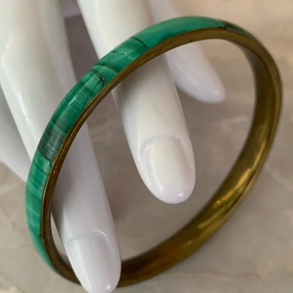 Green Malachite Inlay Brass Bangle Bracelet - Picture 3 of 8